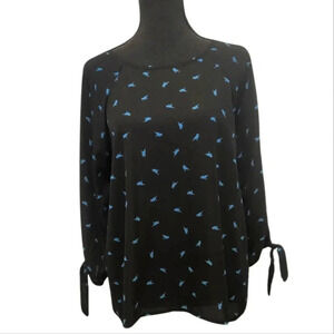 Papermoon Blouse Black with Blue Bird Pattern Tie Sleeve Detail Size Large